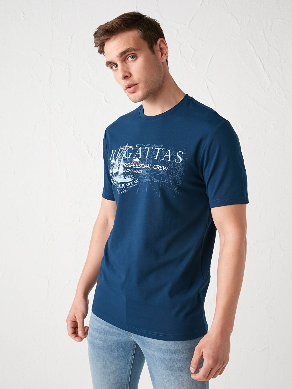 Lacivert Bisiklet Yaka Kısa Kollu Baskılı Penye Erkek Tişört-1