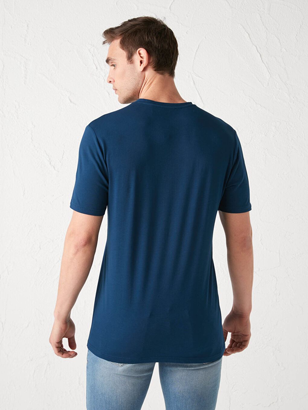 Lacivert Bisiklet Yaka Kısa Kollu Baskılı Penye Erkek Tişört-4