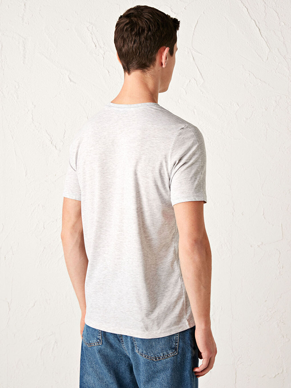 Bej Bisiklet Yaka Kısa Kollu Baskılı Penye Erkek Tişört-3