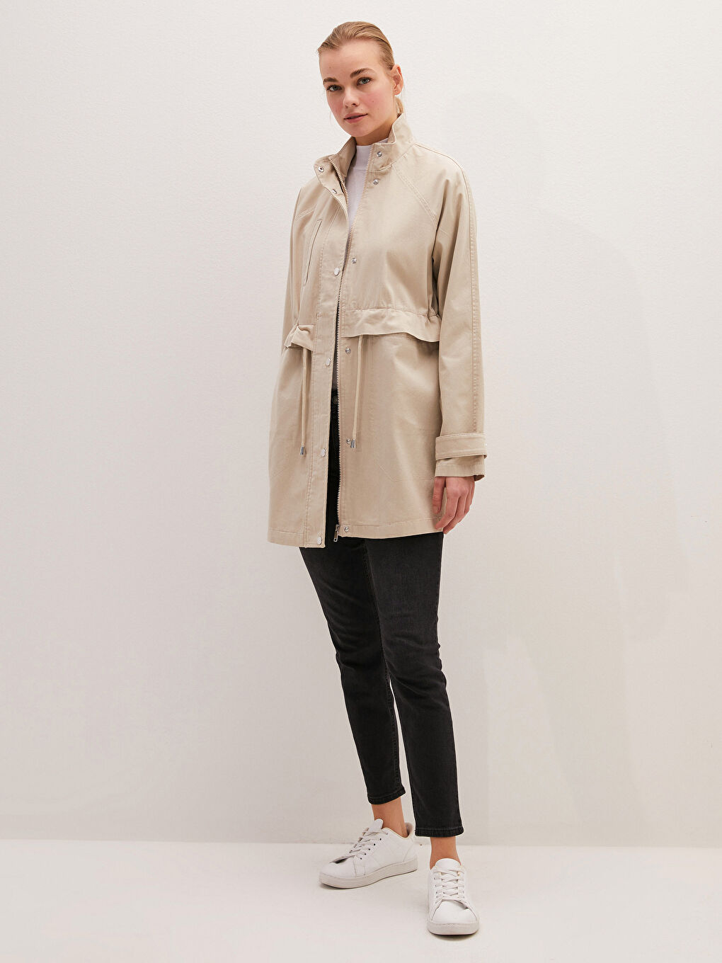 Stehkragen Langarm Schmaler Dünner Damenmantel-4