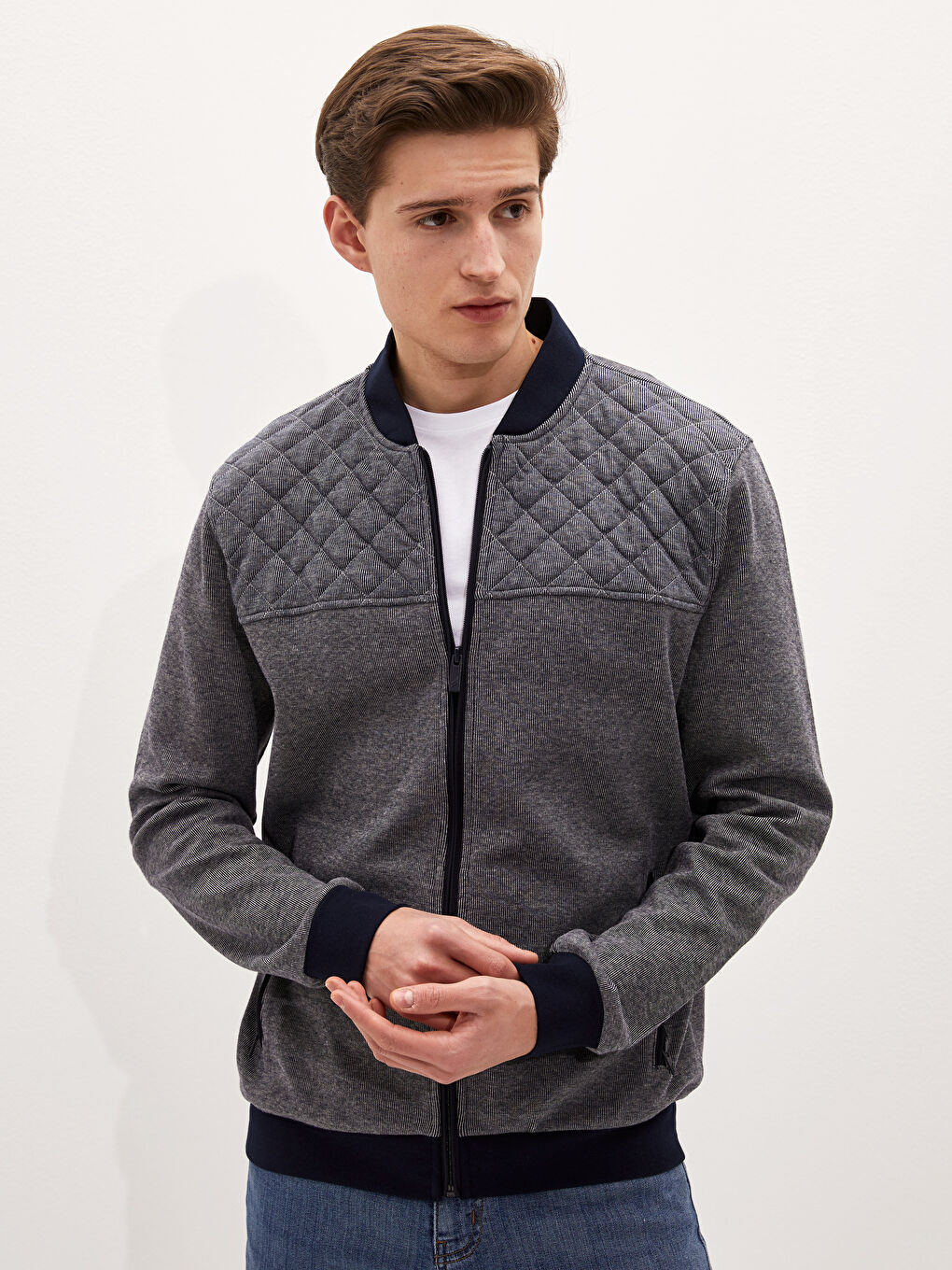 Lacivert Standart Kalıp Kolej Yaka Erkek Hırka