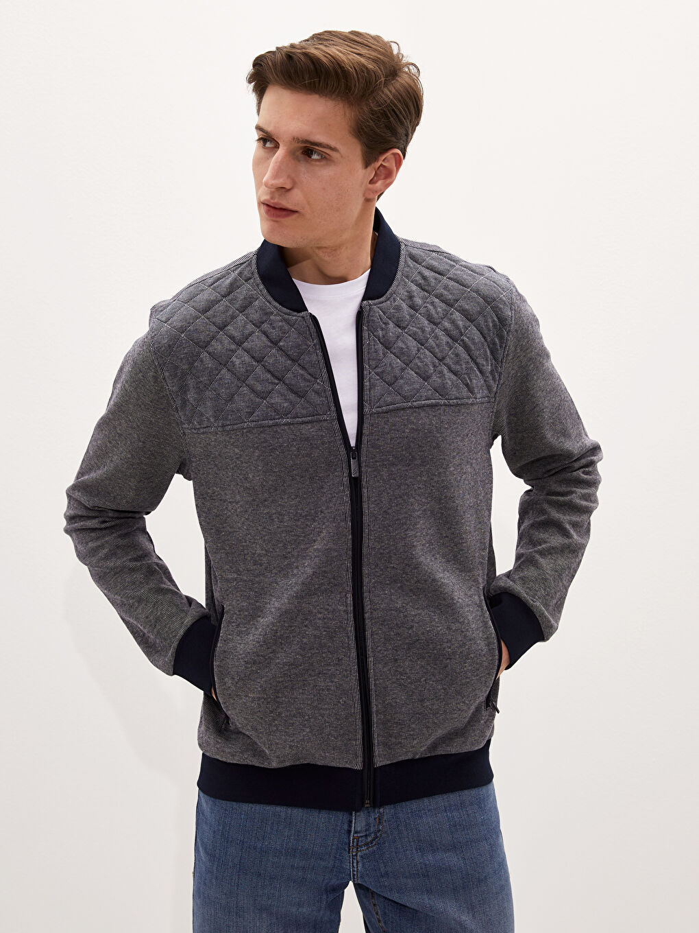 Lacivert Standart Kalıp Kolej Yaka Erkek Hırka-1