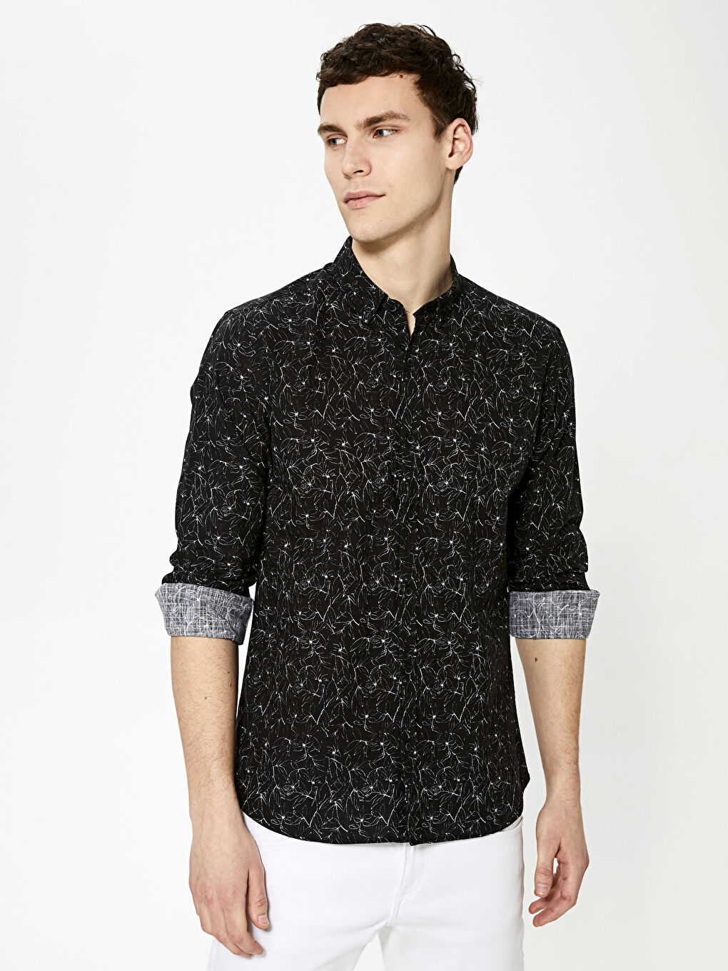 Siyah Slim Fit Uzun Kollu Desenli Poplin Erkek Gömlek-6