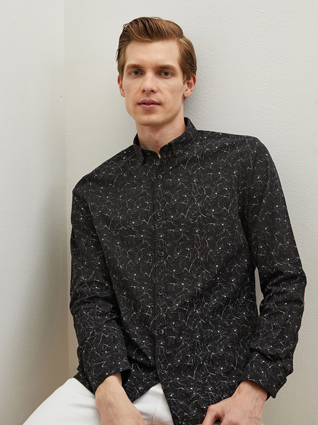 Siyah Slim Fit Uzun Kollu Desenli Poplin Erkek Gömlek