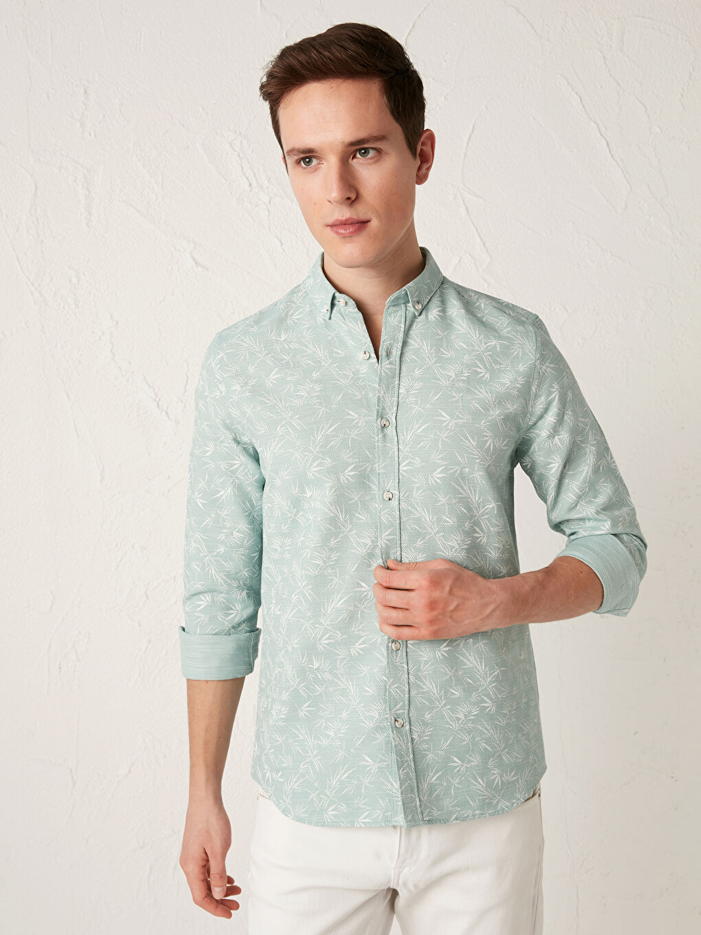 Slim Fit Long Sleeve Patterned Dobby Fabric Men's Shirt