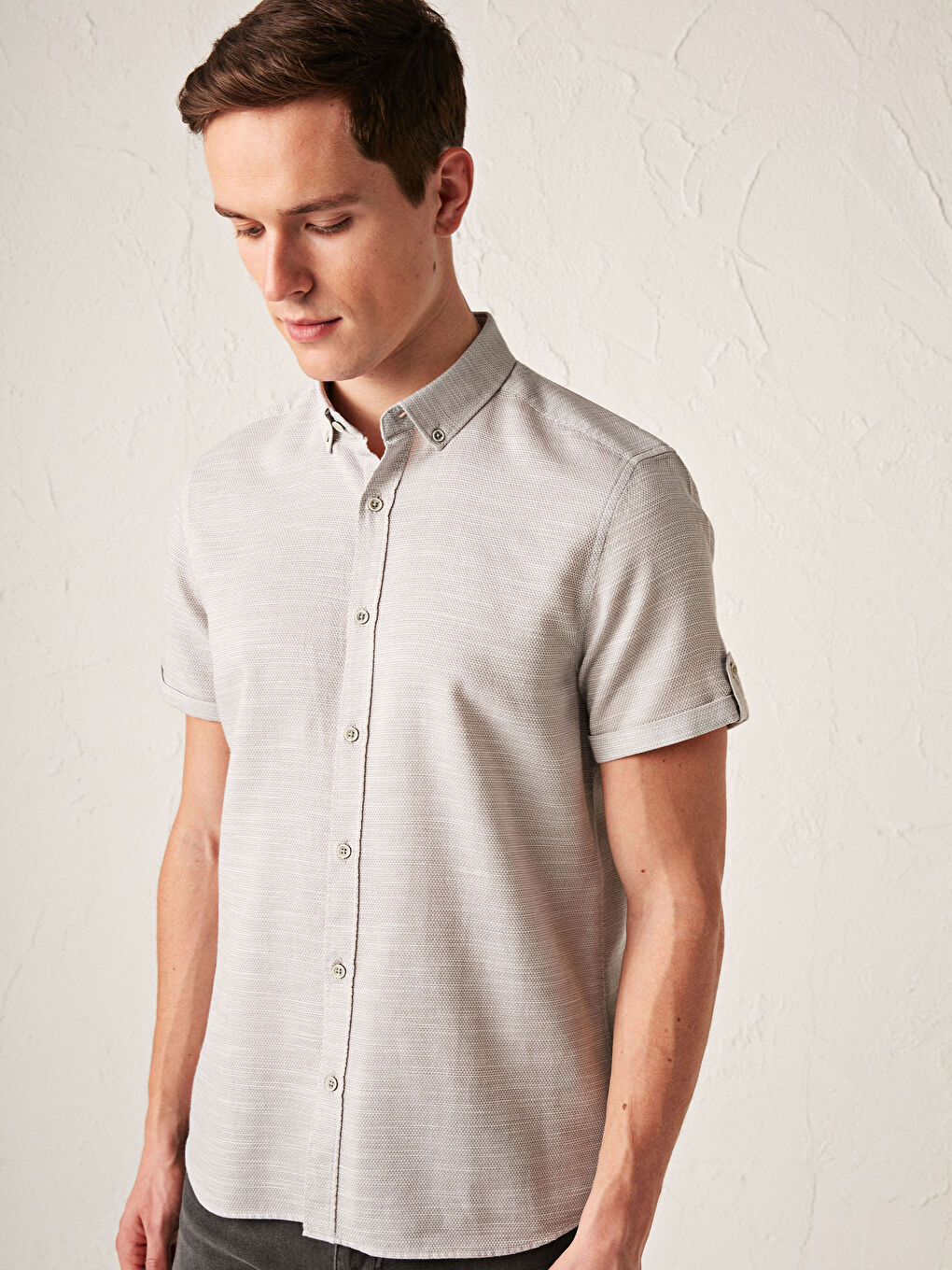 Gri Slim Fit Kısa Kollu Erkek Gömlek-2