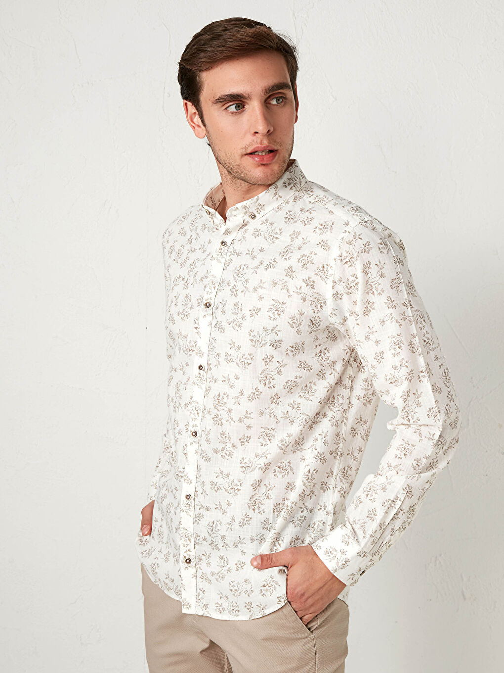 Bej Slim Fit Uzun Kollu Poplin Gömlek-7