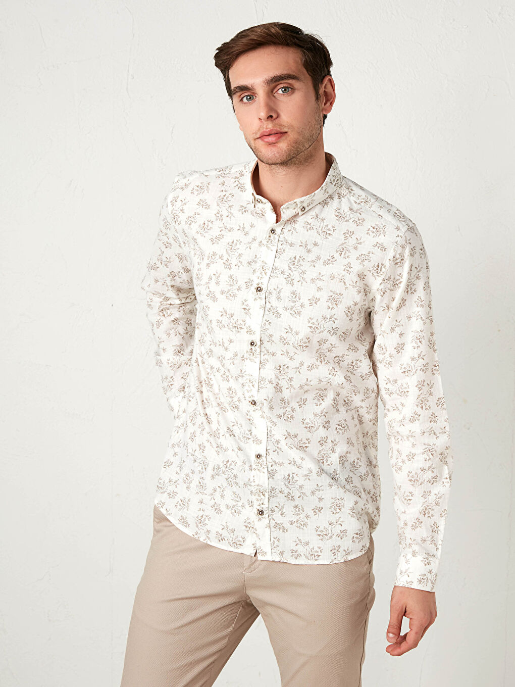 Bej Slim Fit Uzun Kollu Poplin Gömlek-8