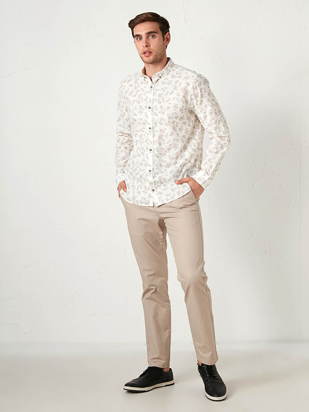 Bej Slim Fit Uzun Kollu Poplin Gömlek-9