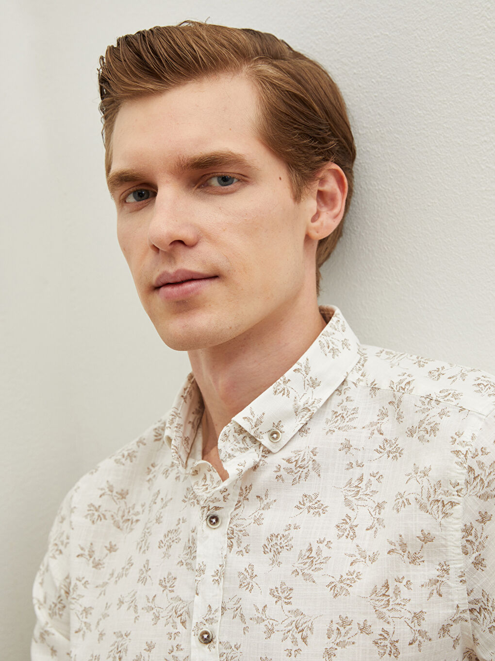 Bej Slim Fit Uzun Kollu Poplin Gömlek-4