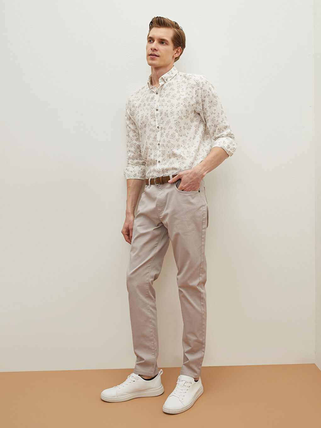 Bej Slim Fit Uzun Kollu Poplin Gömlek-5