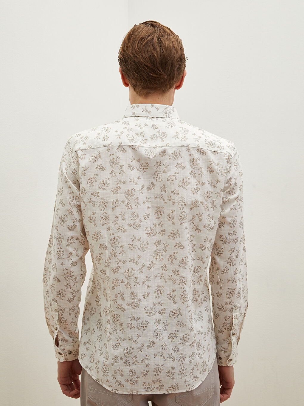 Bej Slim Fit Uzun Kollu Poplin Gömlek-6