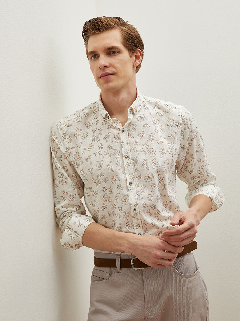 Bej Slim Fit Uzun Kollu Poplin Gömlek-2