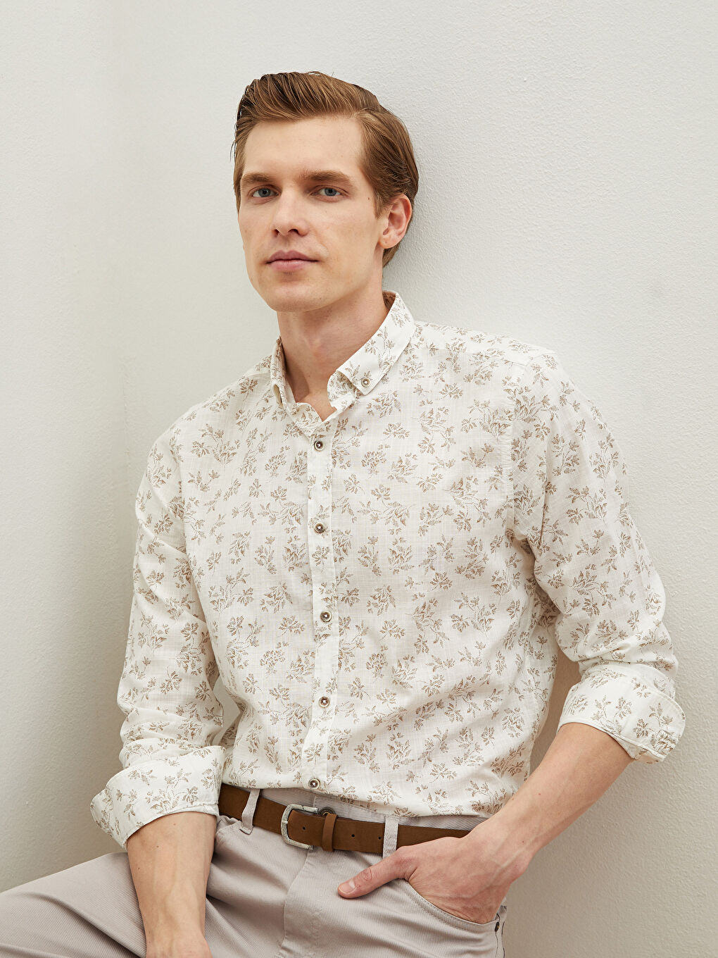 Bej Slim Fit Uzun Kollu Poplin Gömlek-3