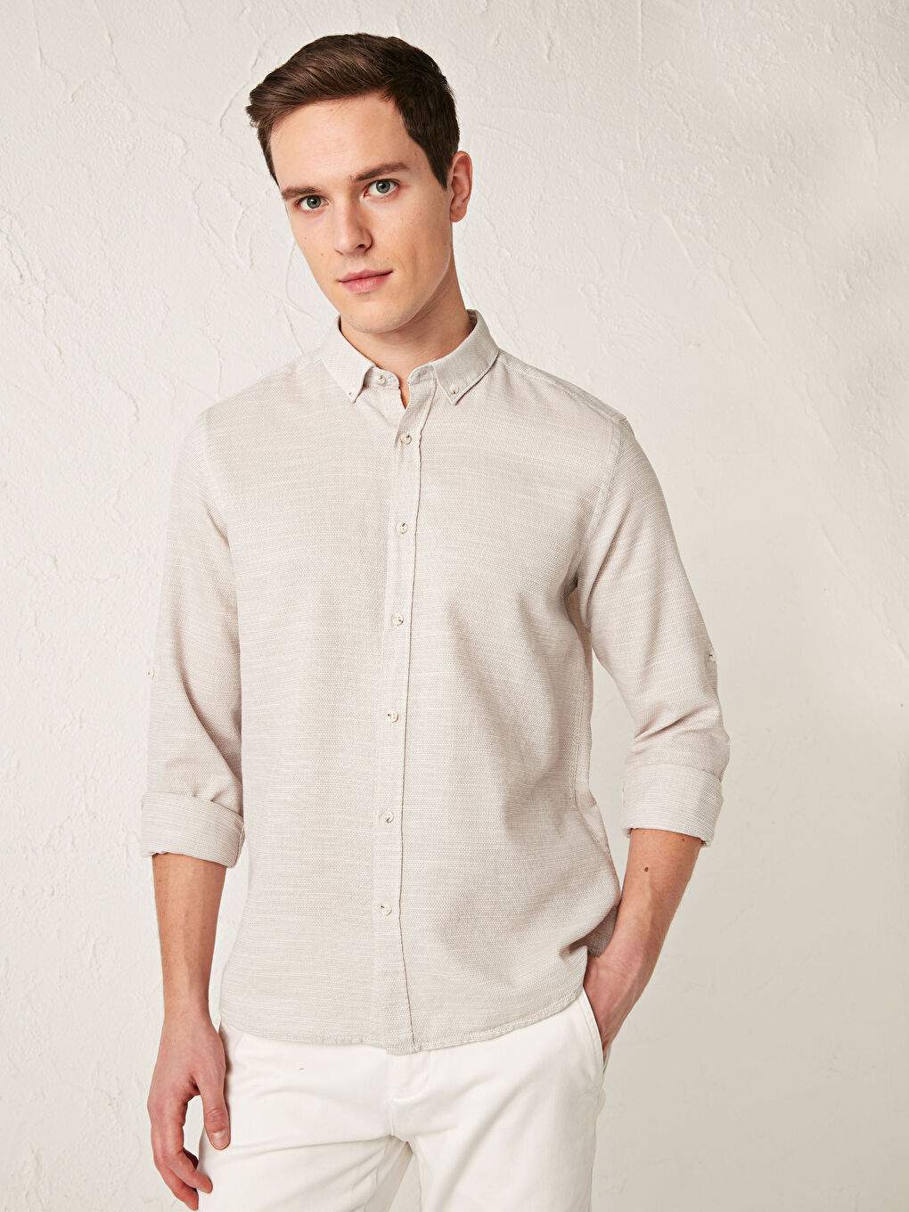 Bej Slim Fit Uzun Kollu Armürlü Gömlek-7