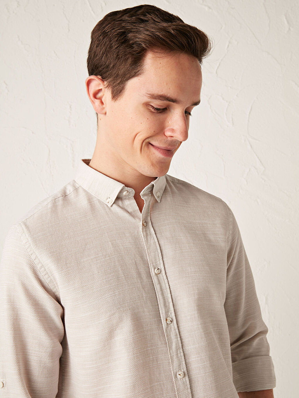 Bej Slim Fit Uzun Kollu Armürlü Gömlek-9