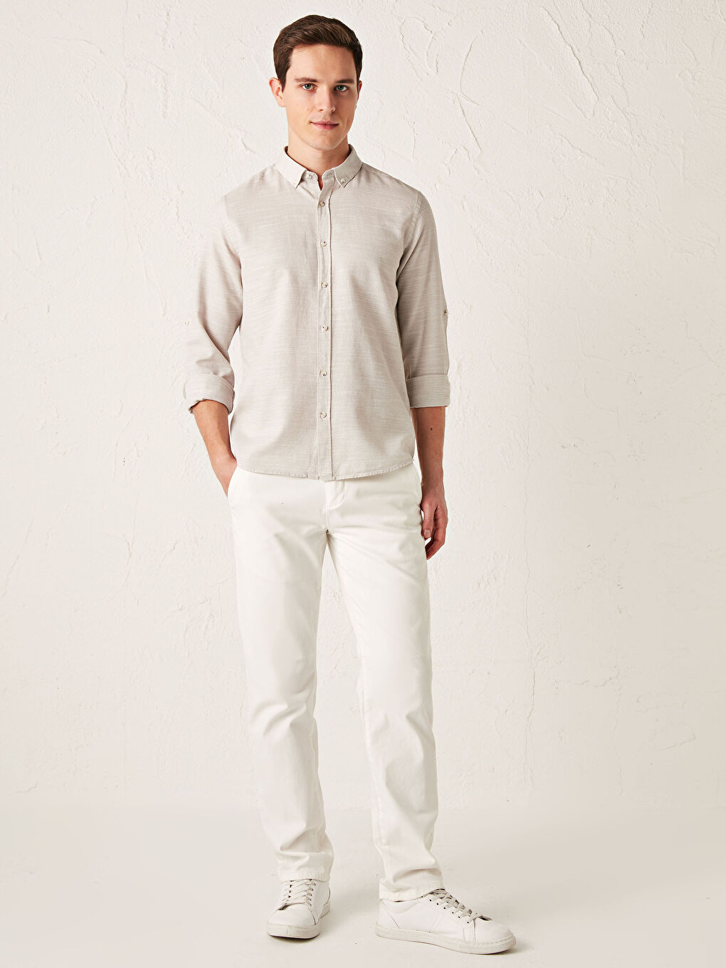 Bej Slim Fit Uzun Kollu Armürlü Gömlek-10