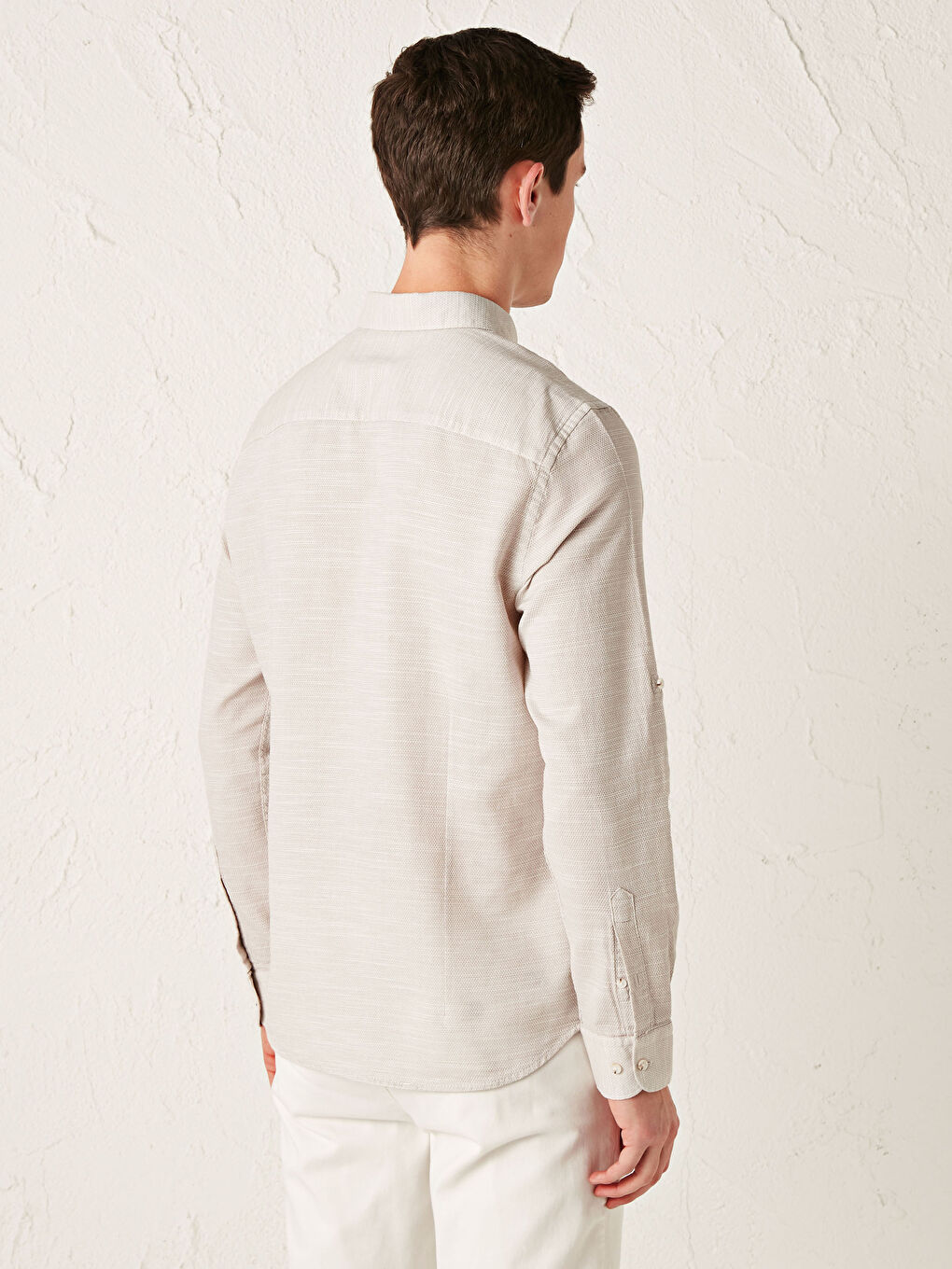 Bej Slim Fit Uzun Kollu Armürlü Gömlek-11