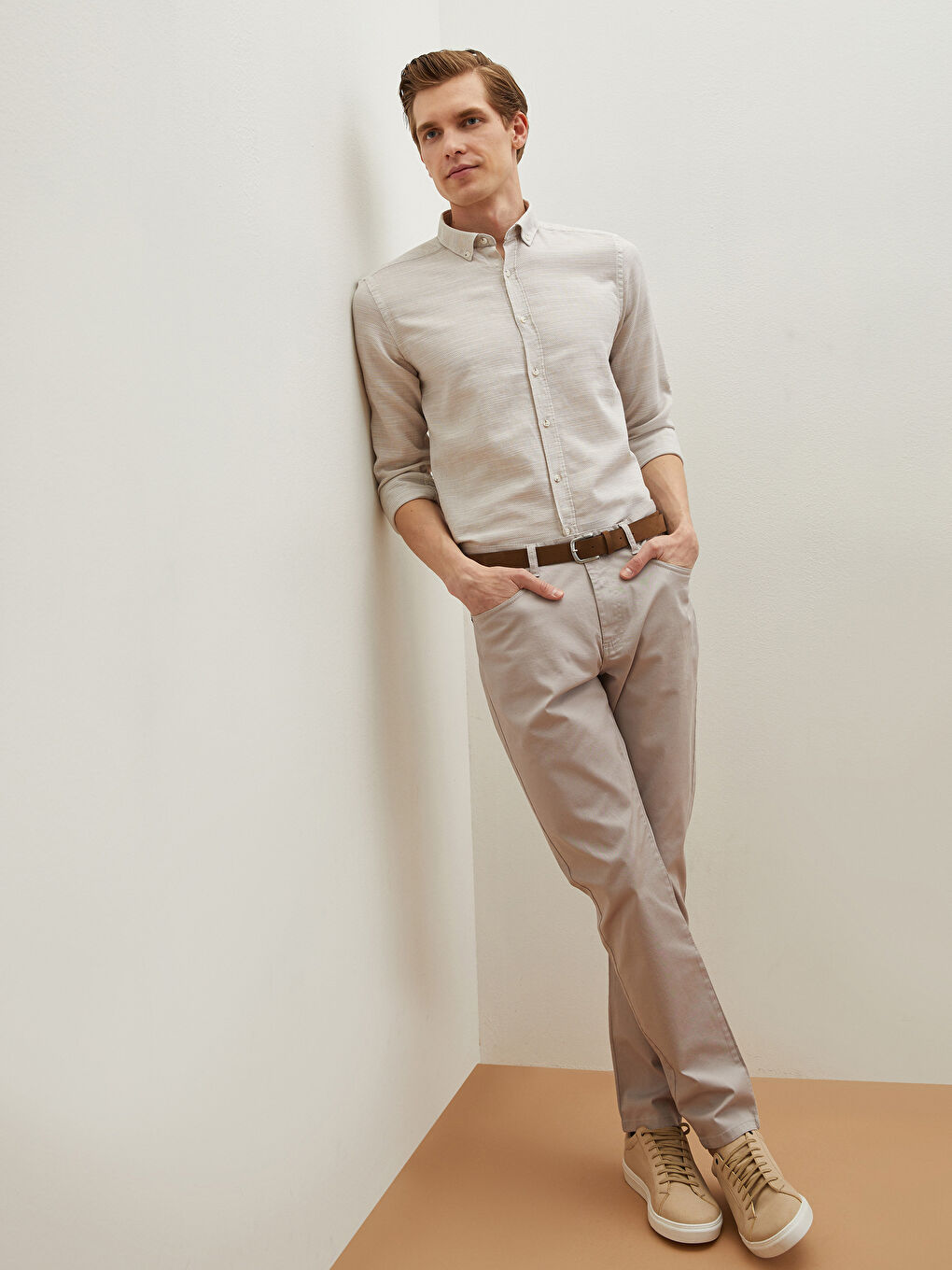 Bej Slim Fit Uzun Kollu Armürlü Gömlek-5