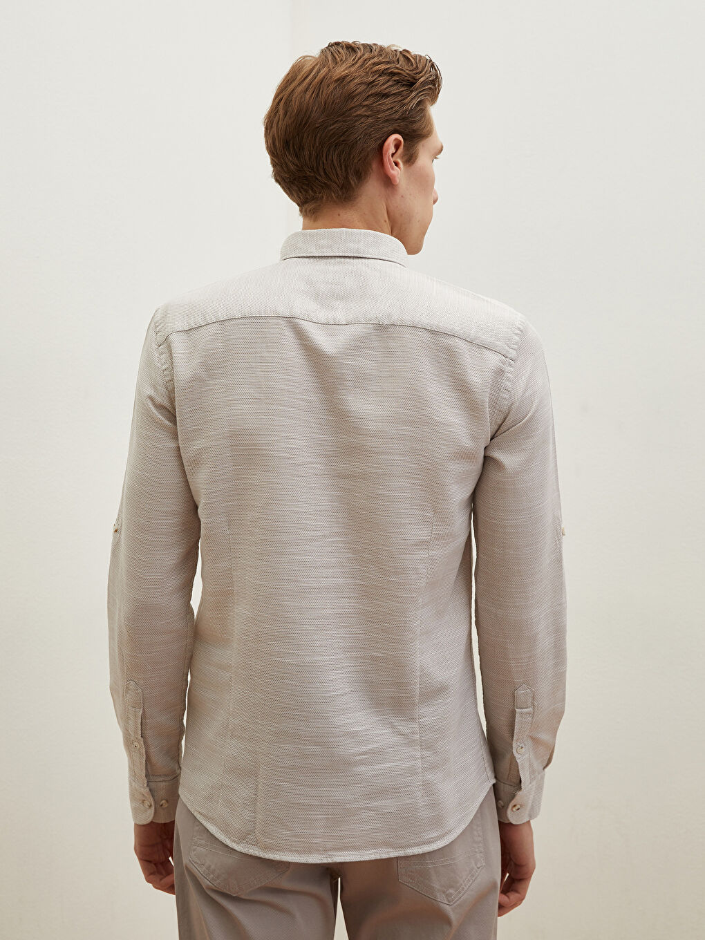 Bej Slim Fit Uzun Kollu Armürlü Gömlek-6