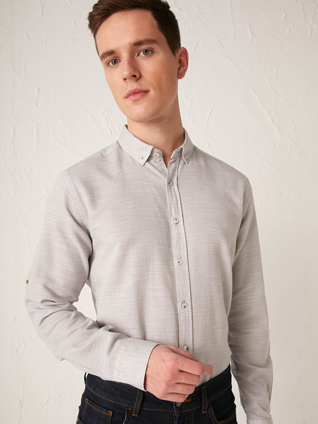 Gri Slim Fit Uzun Kollu Armürlü Gömlek-1