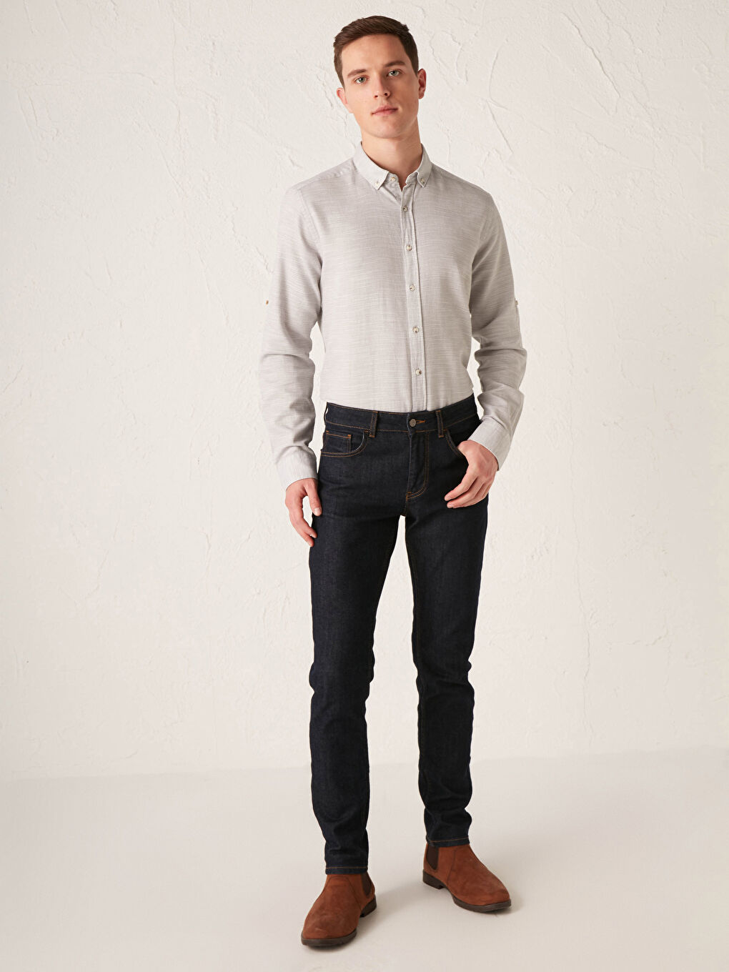 Gri Slim Fit Uzun Kollu Armürlü Gömlek-2