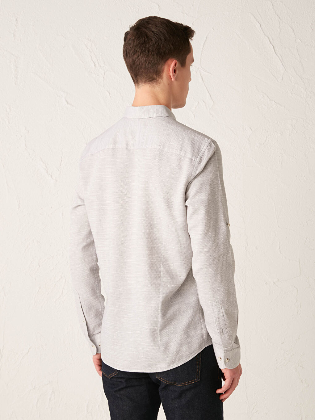 Gri Slim Fit Uzun Kollu Armürlü Gömlek-3