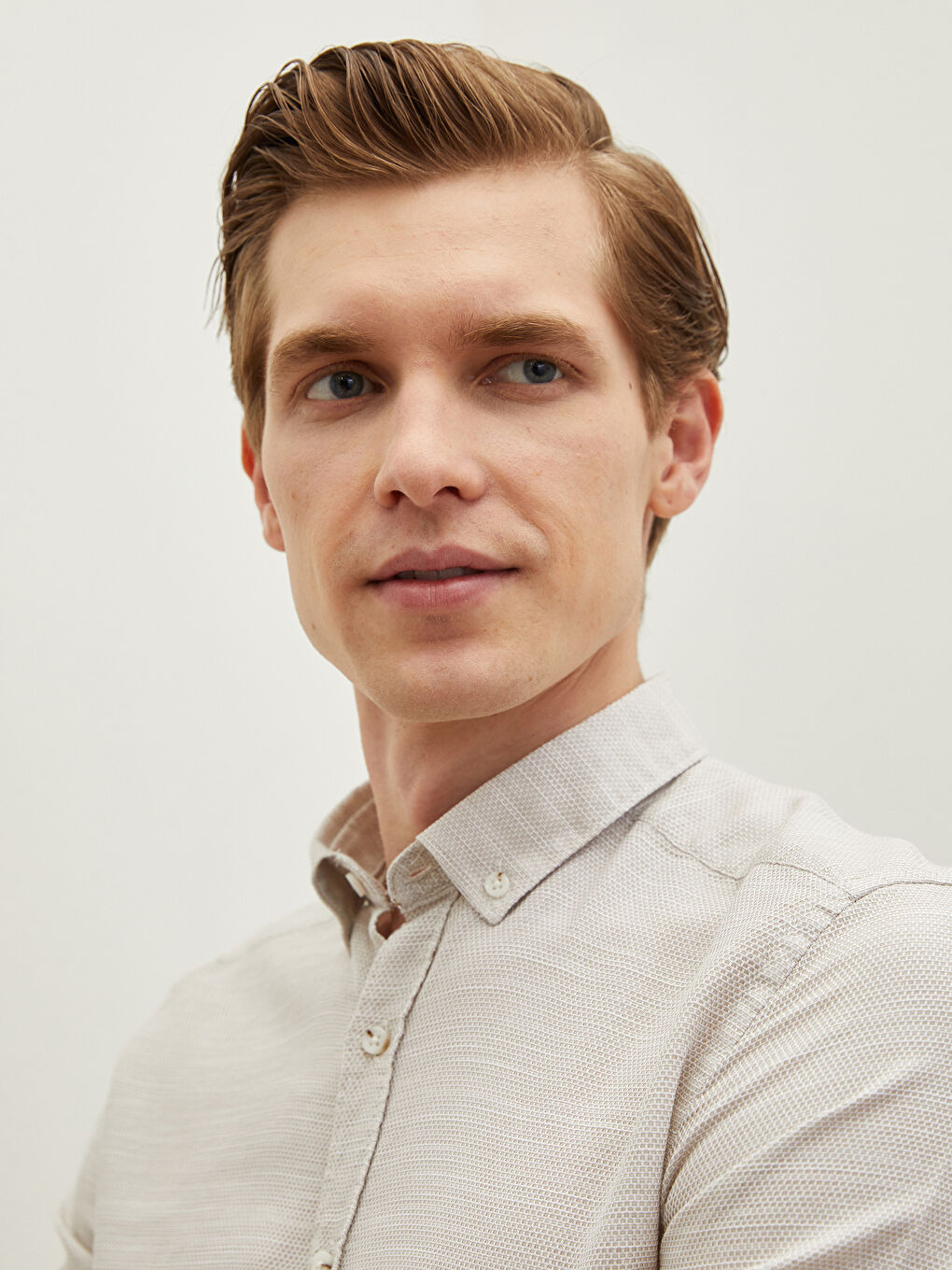 Bej Slim Fit Uzun Kollu Armürlü Gömlek-3