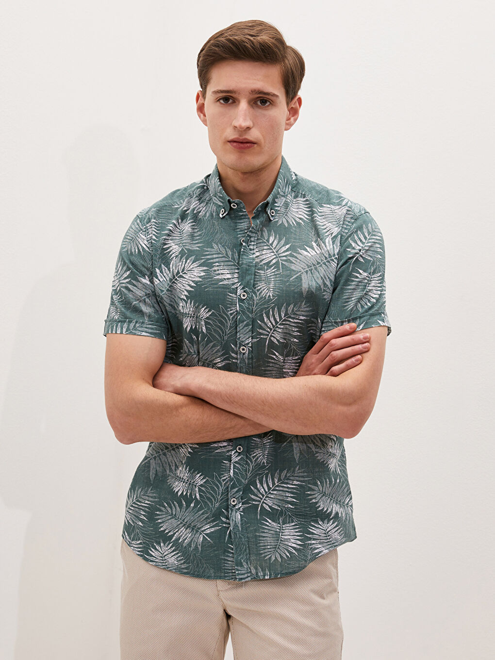 Yeşil Slim Fit Kısa Kollu Desenli Poplin Erkek Gömlek-1