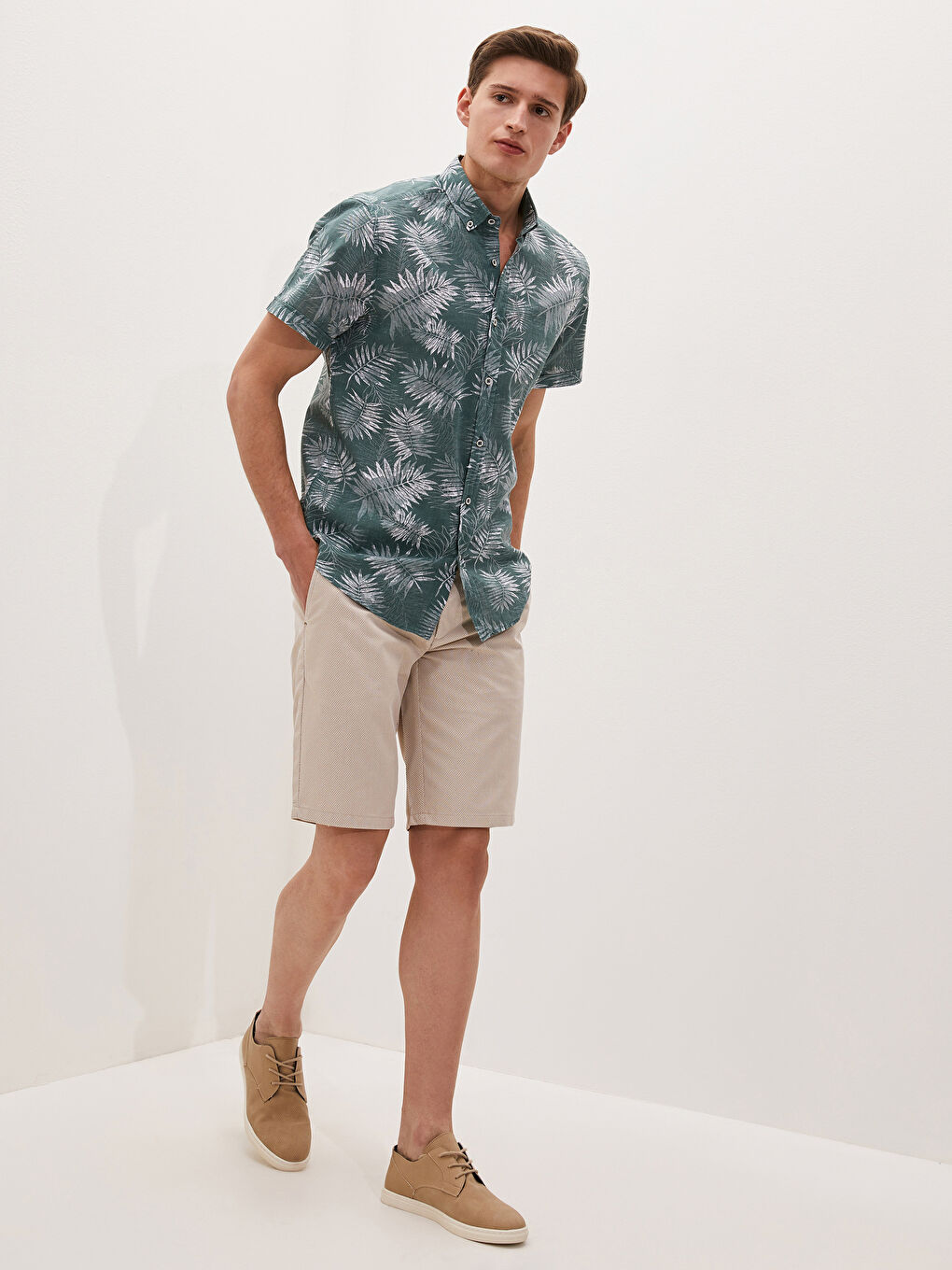 Yeşil Slim Fit Kısa Kollu Desenli Poplin Erkek Gömlek-2