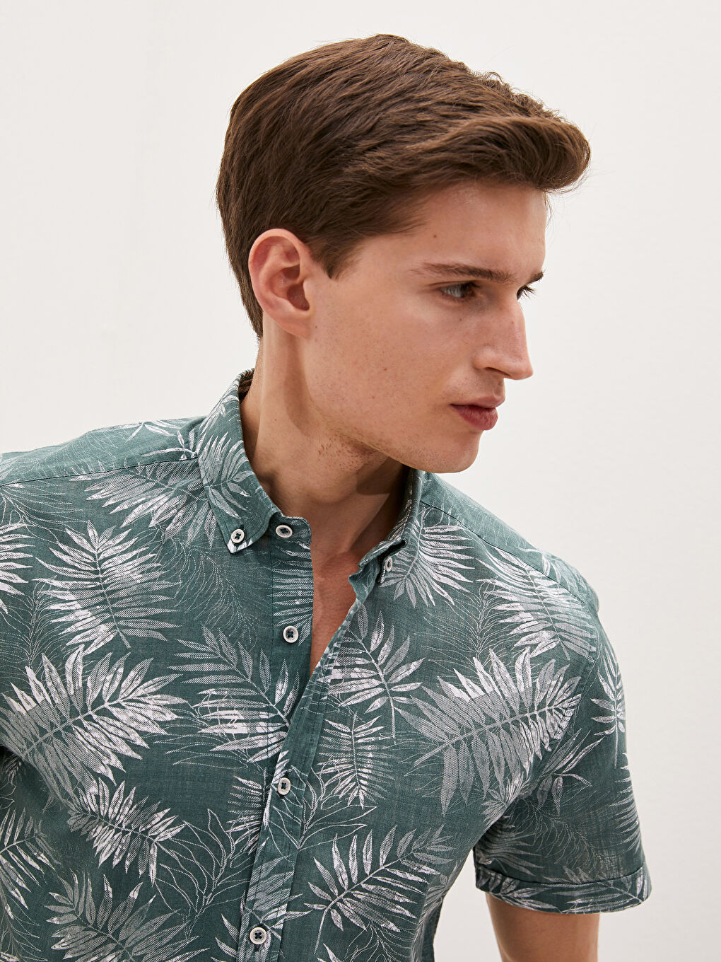 Yeşil Slim Fit Kısa Kollu Desenli Poplin Erkek Gömlek-3