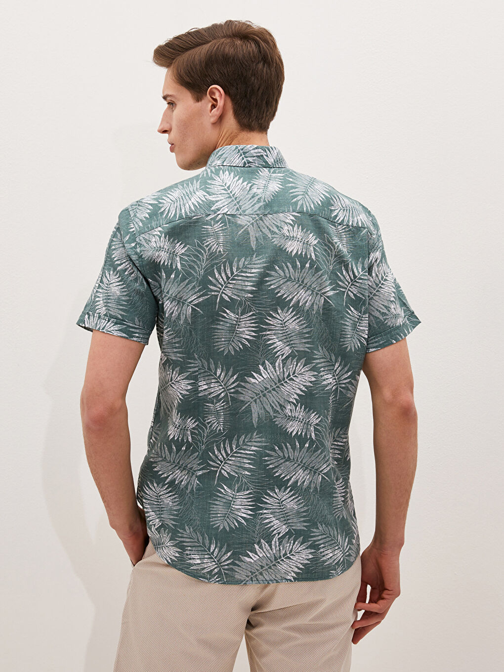 Yeşil Slim Fit Kısa Kollu Desenli Poplin Erkek Gömlek-4