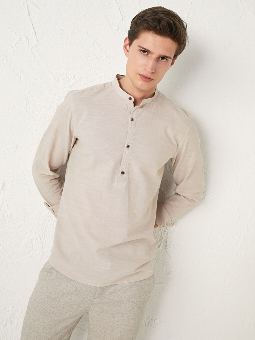 Bej Slim Fit Hakim Yaka Uzun Kollu Poplin Erkek Gömlek-6