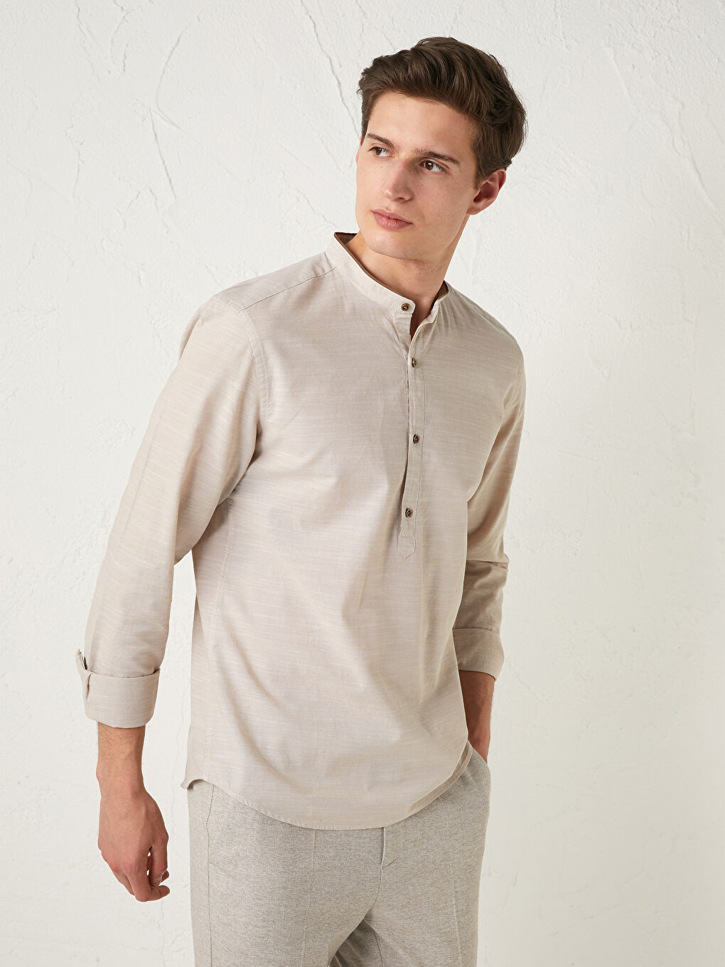 Bej Slim Fit Hakim Yaka Uzun Kollu Poplin Erkek Gömlek-7