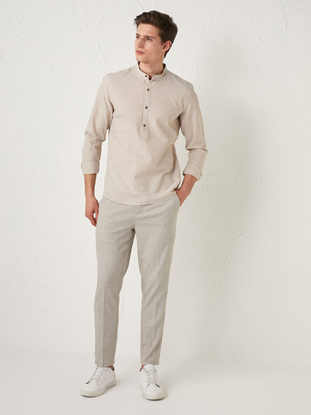 Bej Slim Fit Hakim Yaka Uzun Kollu Poplin Erkek Gömlek-8