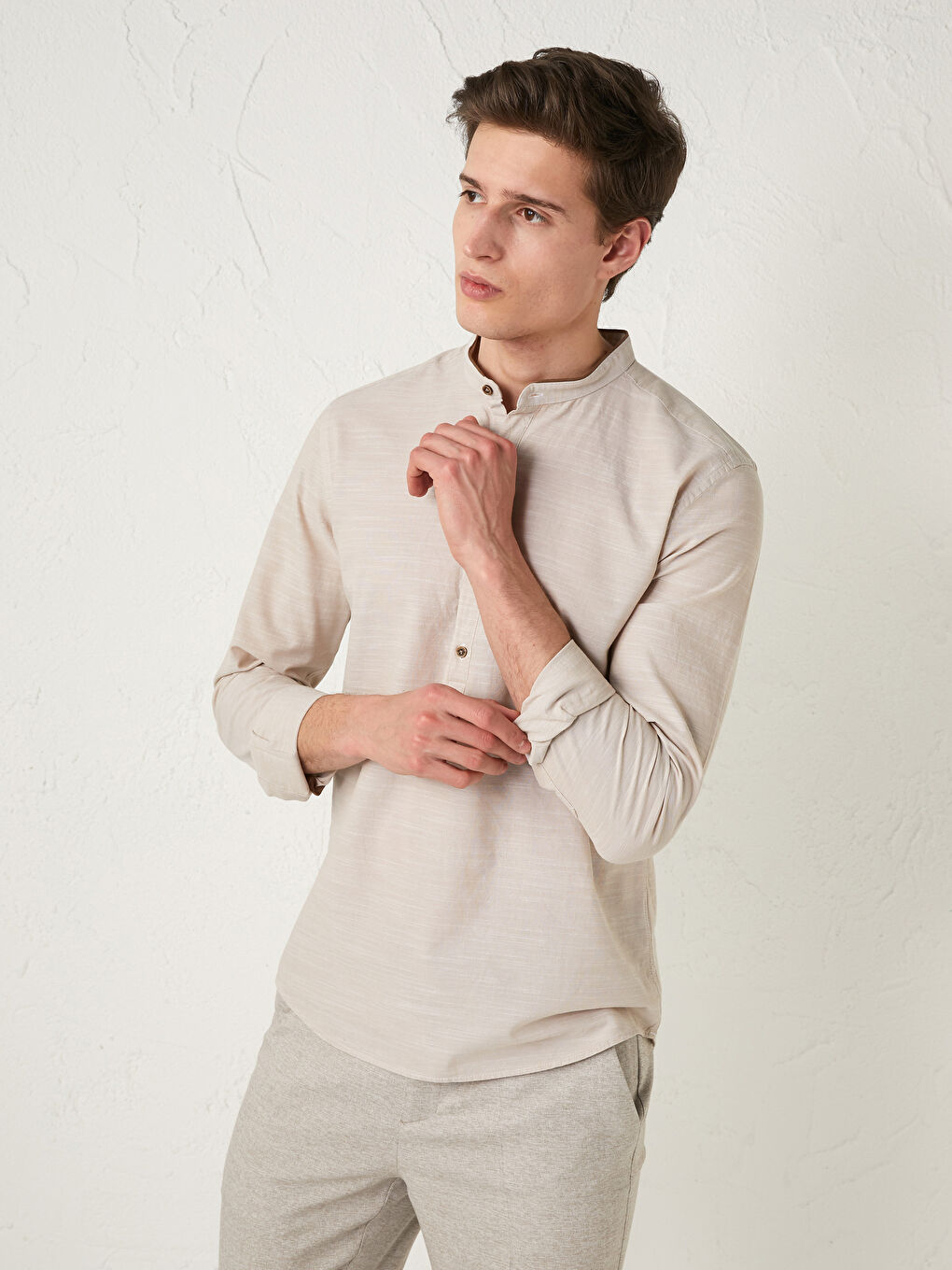 Bej Slim Fit Hakim Yaka Uzun Kollu Poplin Erkek Gömlek-9