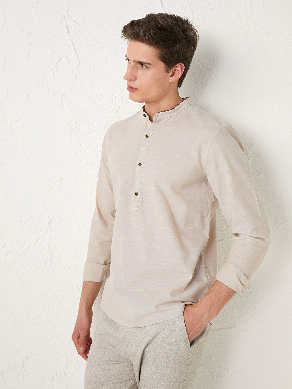 Bej Slim Fit Hakim Yaka Uzun Kollu Poplin Erkek Gömlek-10