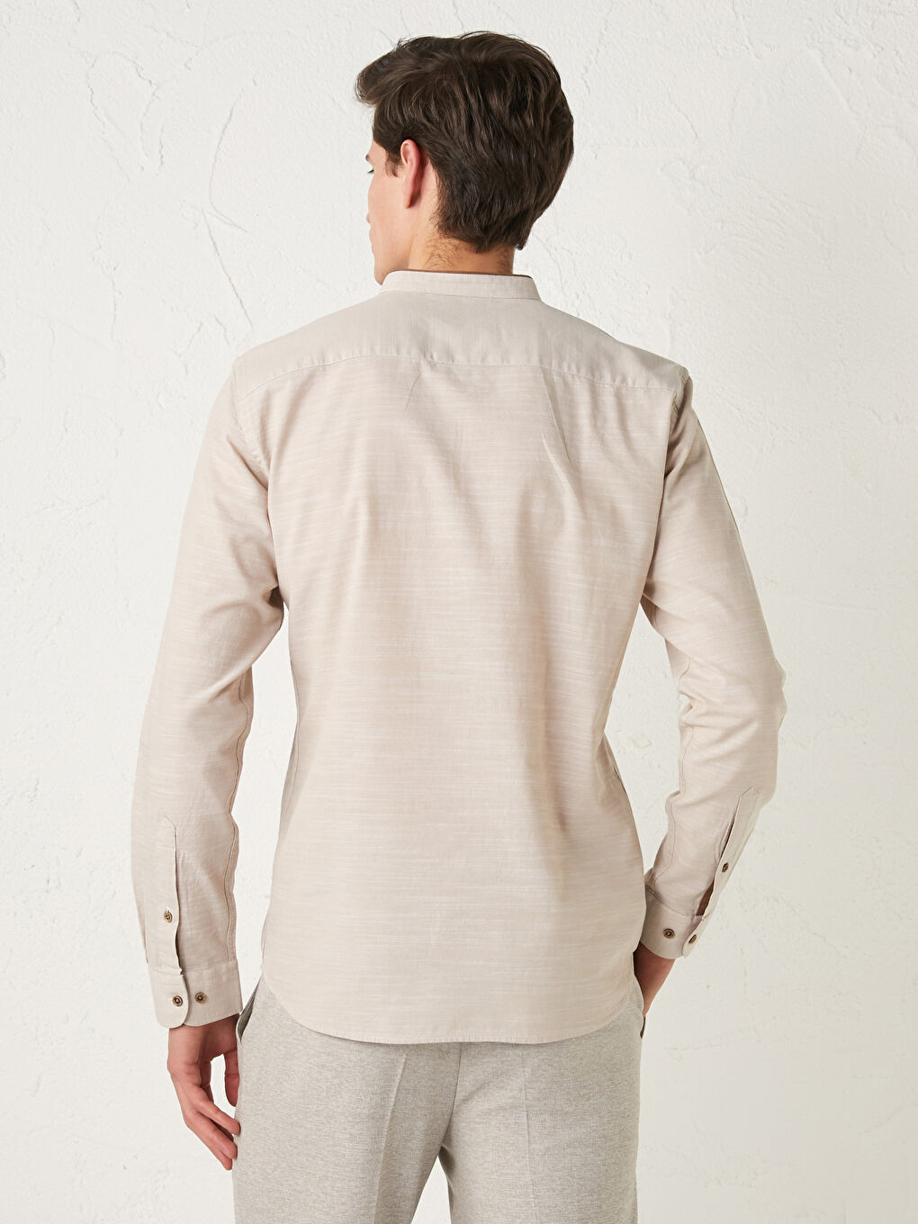 Bej Slim Fit Hakim Yaka Uzun Kollu Poplin Erkek Gömlek-11