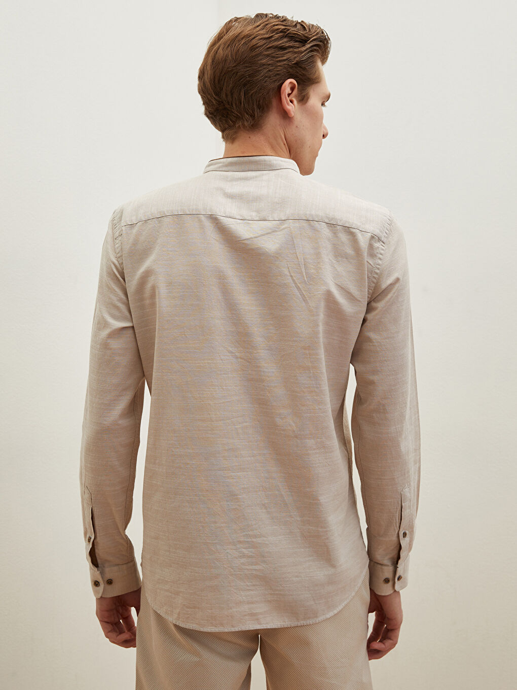 Bej Slim Fit Hakim Yaka Uzun Kollu Poplin Erkek Gömlek-5