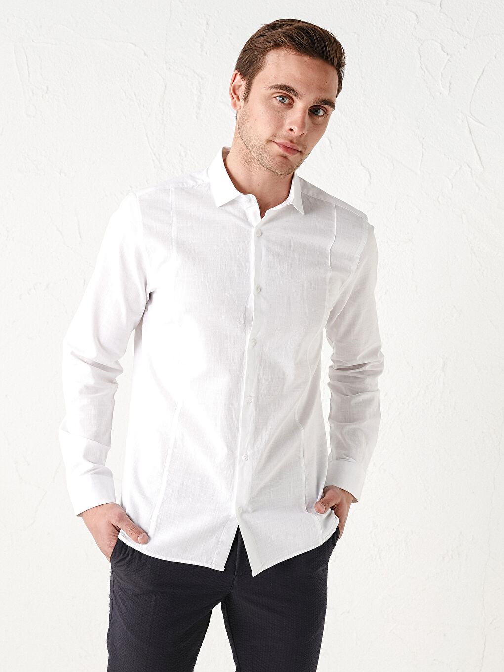 Beyaz Slim Fit Uzun Kollu Poplin Erkek Gömlek-8