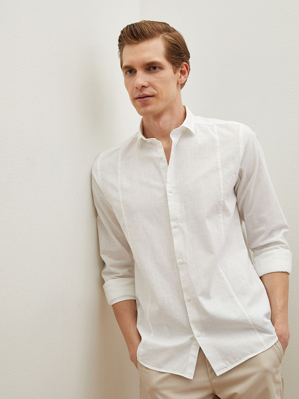 Beyaz Slim Fit Uzun Kollu Poplin Erkek Gömlek-1