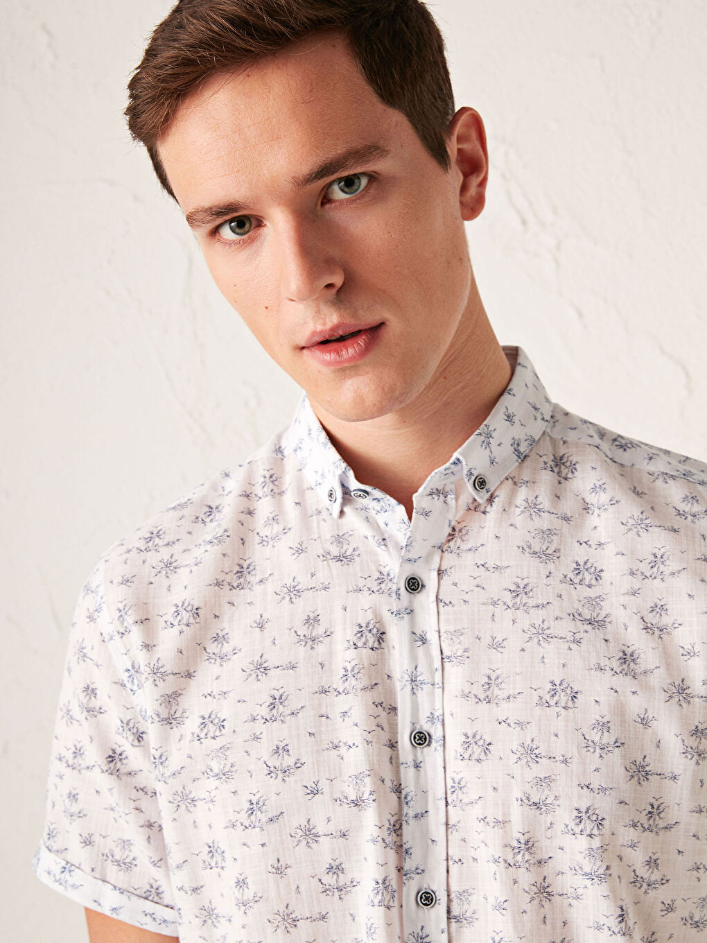 Beyaz Slim Fit Kısa Kollu Desenli Poplin Gömlek-2