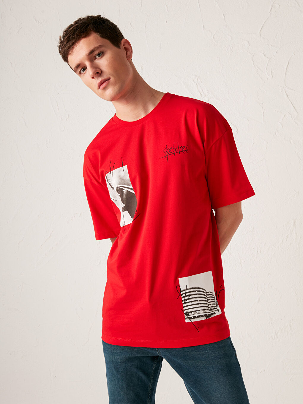 Kırmızı Oversize Bisiklet Yaka Baskılı Penye Tişört-1