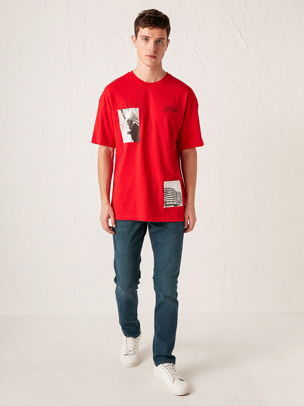 Kırmızı Oversize Bisiklet Yaka Baskılı Penye Tişört-3