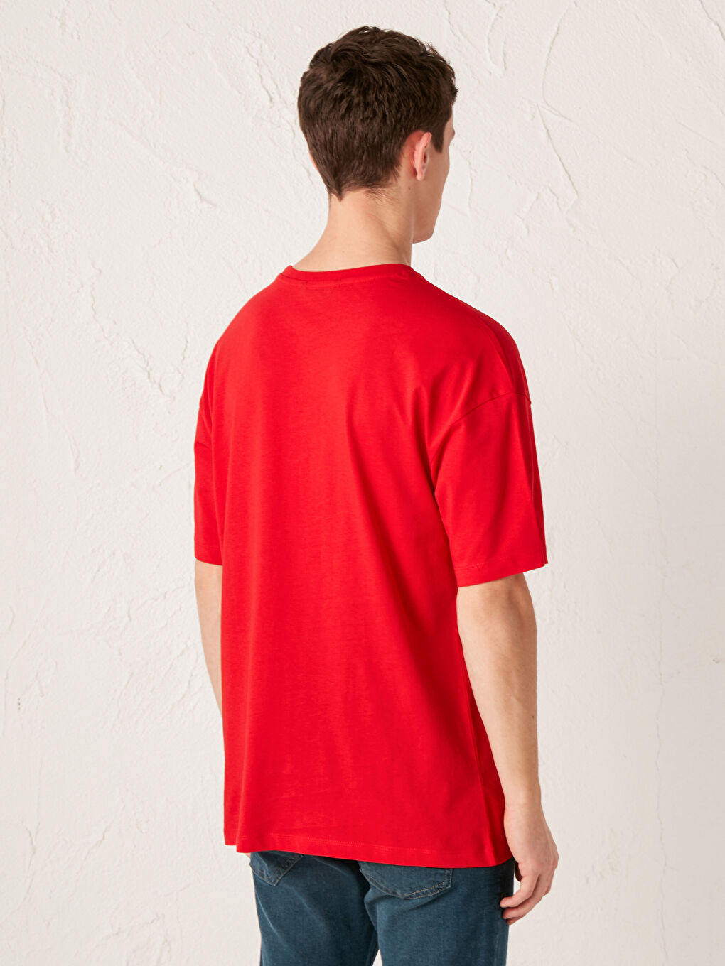 Kırmızı Oversize Bisiklet Yaka Baskılı Penye Tişört-4