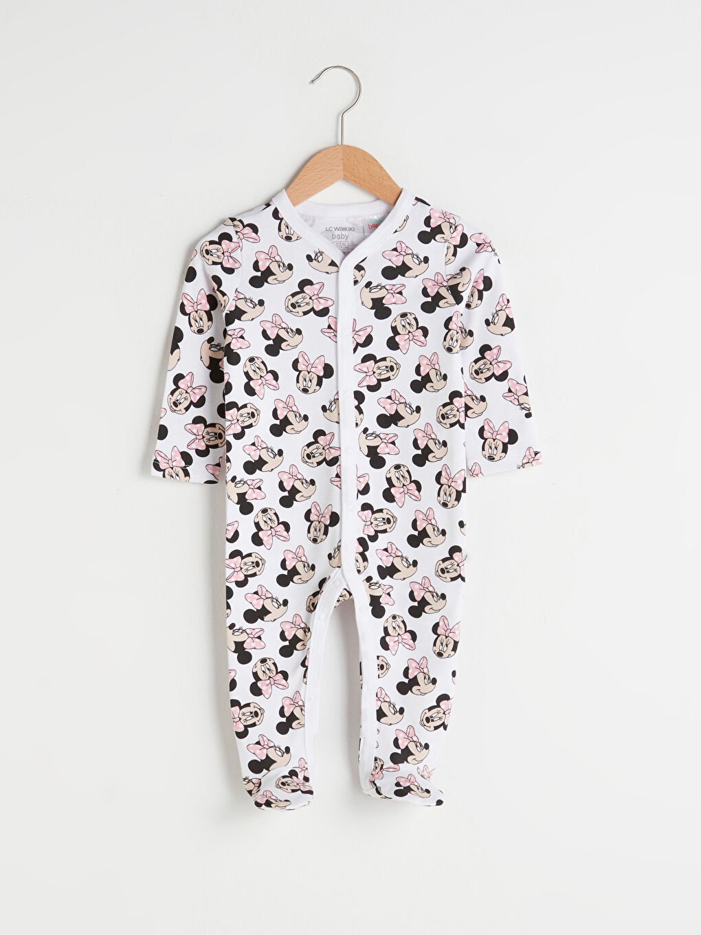 Beyaz V Yaka Uzun Kollu Minnie Mouse Baskılı Pamuklu Bebek Tulum