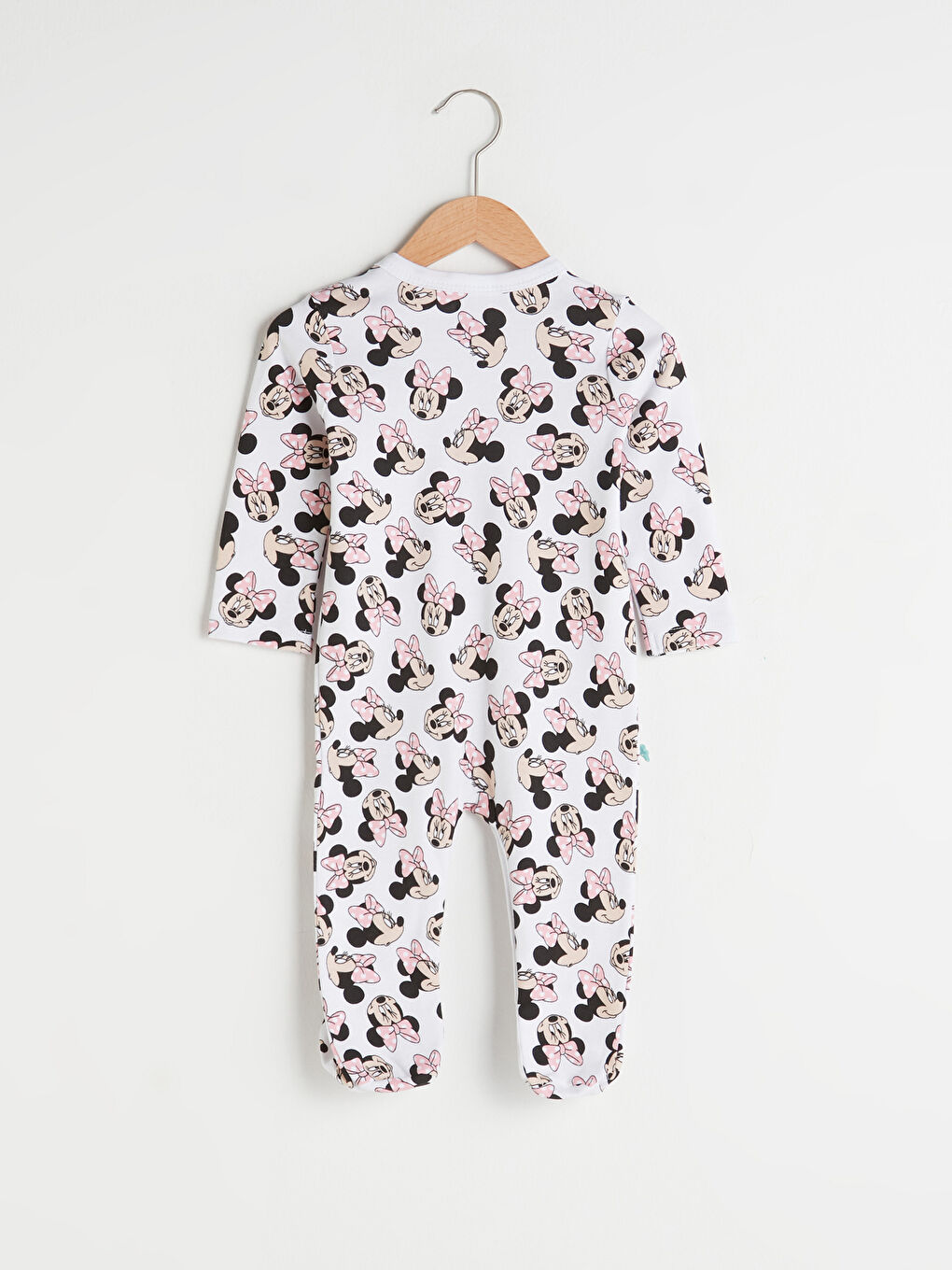 Beyaz V Yaka Uzun Kollu Minnie Mouse Baskılı Pamuklu Bebek Tulum-1