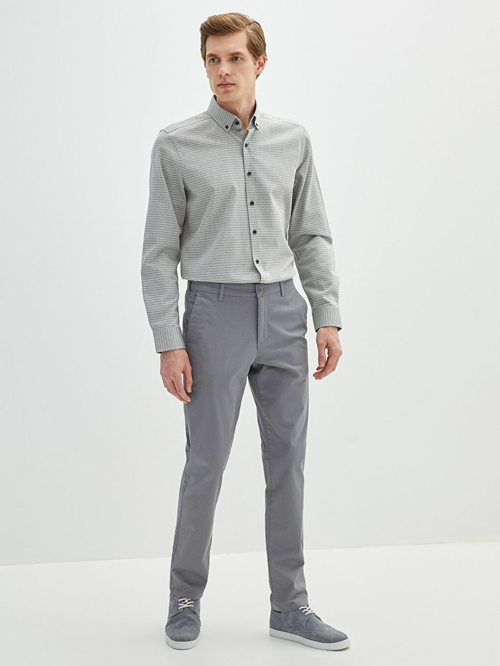 Gri Dar Kalıp Gabardin Erkek Chino Pantolon-1