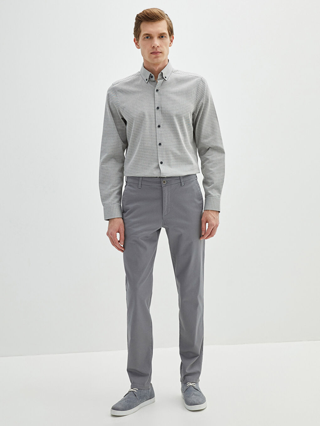 Gri Dar Kalıp Gabardin Erkek Chino Pantolon-3