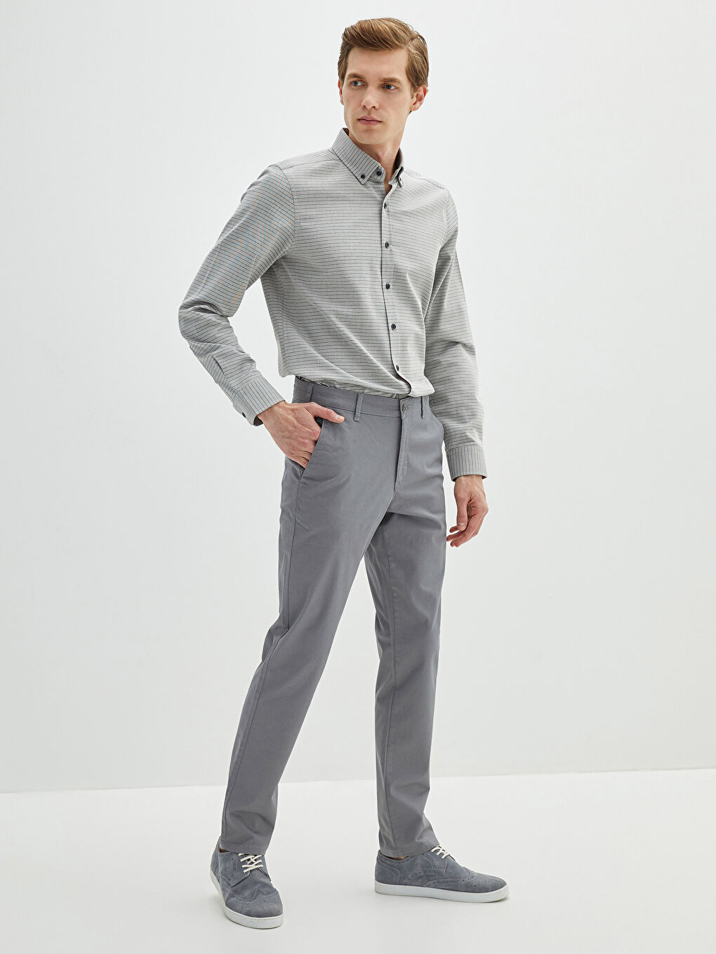 Gri Dar Kalıp Gabardin Erkek Chino Pantolon-6